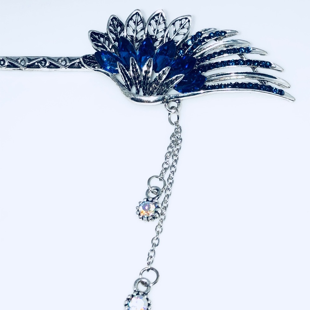 Sapphire Color Crystal Silver Hair Stick 6.5"